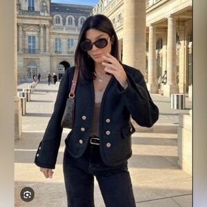 ZARA WOMAN NEW Gold BUTTONED TEXTURED JACKET BLACK Cropped Blazer